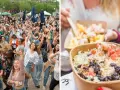 Feiernde Menschen genießen ein lateinamerikanisches Wochenende mit Musik und leckerem Essen. Reis mit schwarzen Bohnen und Salsa in einer Pappschale.