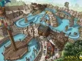 Piratenabenteuer im Freizeitpark Hansa-Park: Boote auf Wasserwegen, ein Schiff mit schwingenden Fahrgästen und felsige Landschaften.