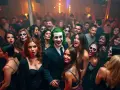 Joker-Kostümierter Mann feiert mit gruselig geschminkten Gästen auf einer ausgelassenen Halloween-Club-Party.
