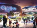 Disneyland Paris Marvel: Besucher bestaunen die Avengers Flight Force Arena mit Captain America und einem futuristischen Jet.