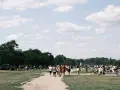 Menschen strömen über eine Wiese, unter Bäumen und Zelten. Ein sonniger Tag, wo ist Pfingsten was los?
