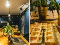 Gemütliches Cafe mit langen Holztisch, Laptop und Waffel mit Kaffee. Perfekt zum cafe lernen und entspannen.