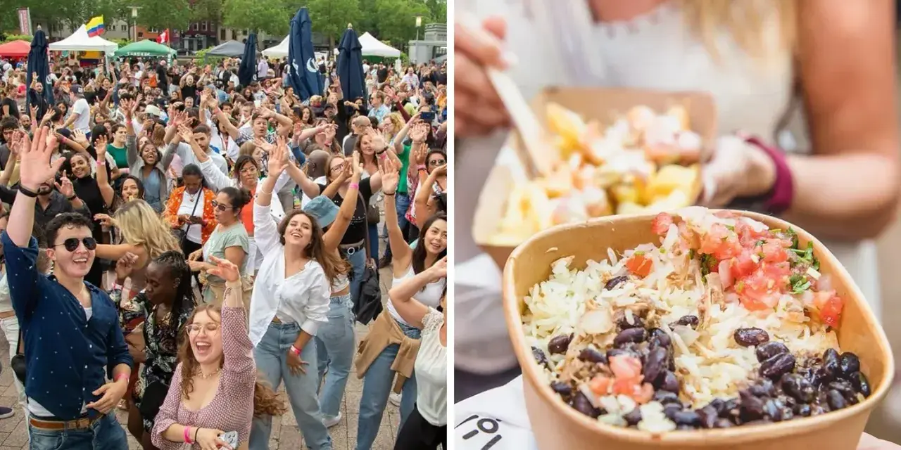 Feiernde Menschen genießen ein lateinamerikanisches Wochenende mit Musik und leckerem Essen. Reis mit schwarzen Bohnen und Salsa in einer Pappschale.