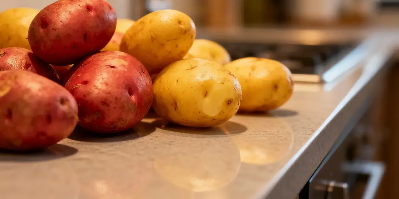 Ein Haufen roter und gelber Kartoffeln liegt auf einer Arbeitsplatte, bereit für ein köstliches Gericht in einem Kartoffel-Restaurant.