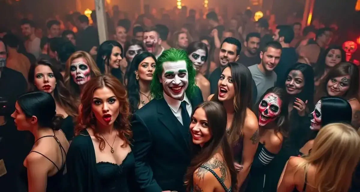Joker-Kostümierter Mann feiert mit gruselig geschminkten Gästen auf einer ausgelassenen Halloween-Club-Party.