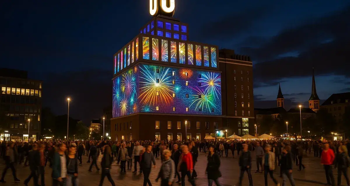 Feuerwerk-Projektion auf einem Gebäude während der Nacht der Museen Dortmund. Menschenmassen beleben den Platz.