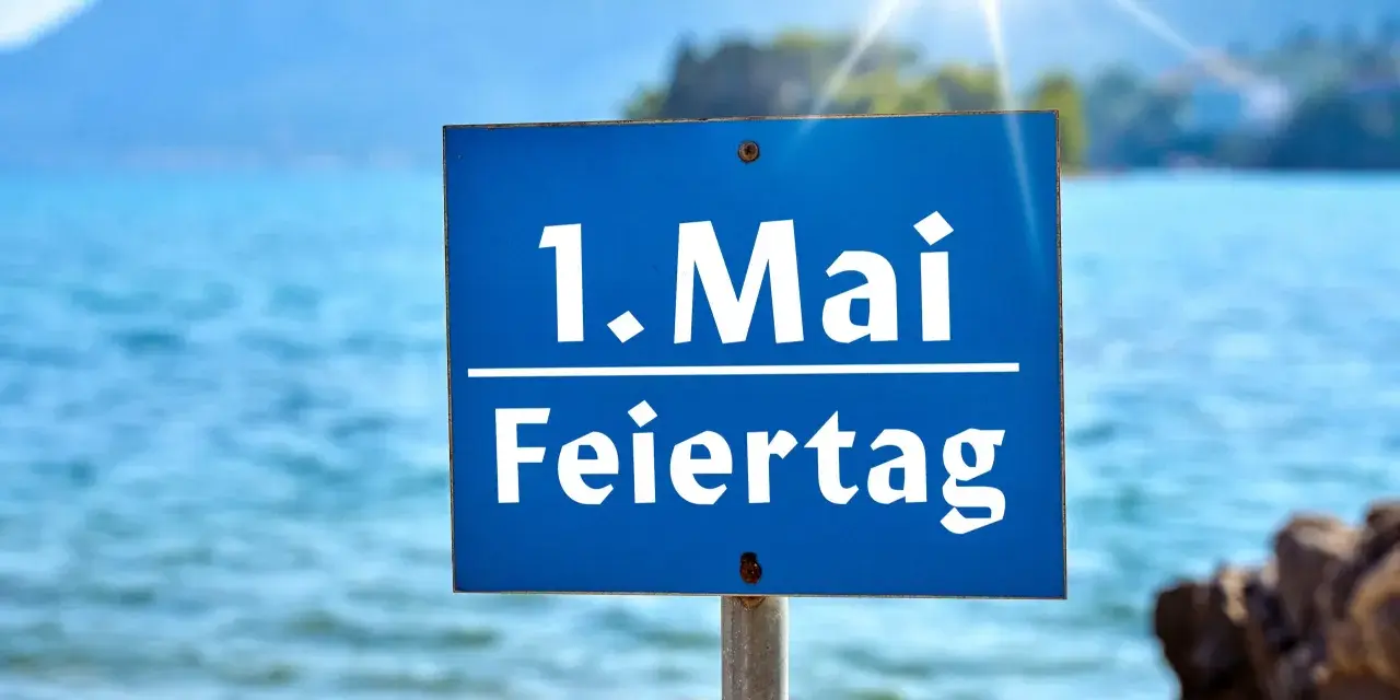 Schild am Strand: "1. Mai Feiertag". Die Sonne scheint über dem Meer, ideal für Veranstaltungen am 1. Mai.