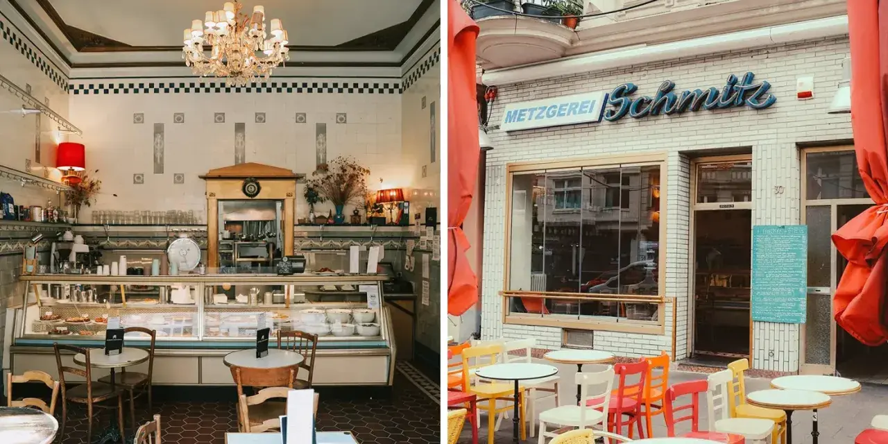 Gemütliche Cafés im Belgischen Viertel: Ein Blick in ein charmantes Interieur und die bunte Außenterrasse der Metzgerei Schmitz.