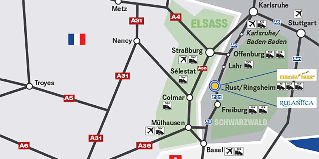 Karte zeigt die Anreise nach Rust/Ringsheim, mit Hinweisen zu Europa-Park und Rulantica.