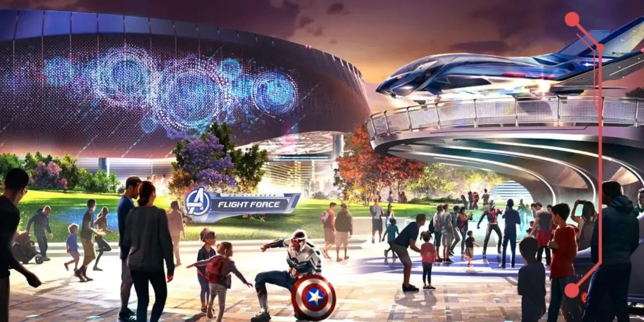 Disneyland Paris Marvel: Besucher bestaunen die Avengers Flight Force Arena mit Captain America und einem futuristischen Jet.