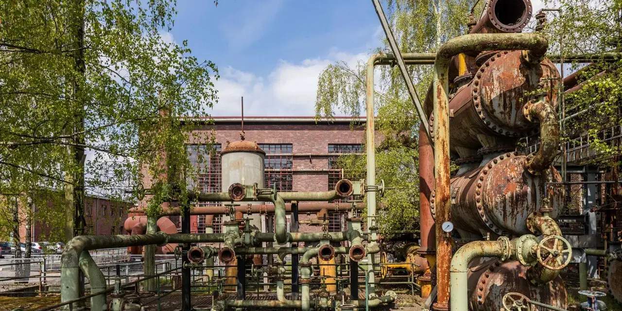 Verrostete Rohre und Apparate der Kokerei Hansa, ein Lost Place, umgeben von jungen Bäumen.