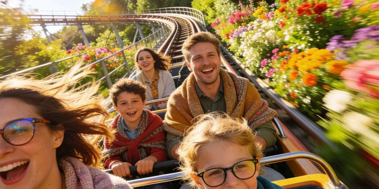 Familie lacht auf Achterbahnfahrt durch blühende Blumenpracht – ein Erlebnis im neuen Freizeitpark Deutschland.