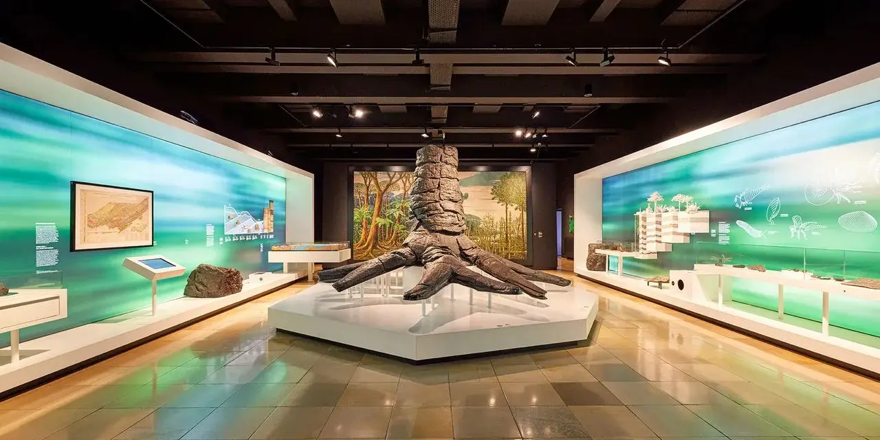 Im Museum steht ein riesiger Baumstamm, der an die Zeche erinnert. Links und rechts davon sind Ausstellungen mit Karten und Fossilien.