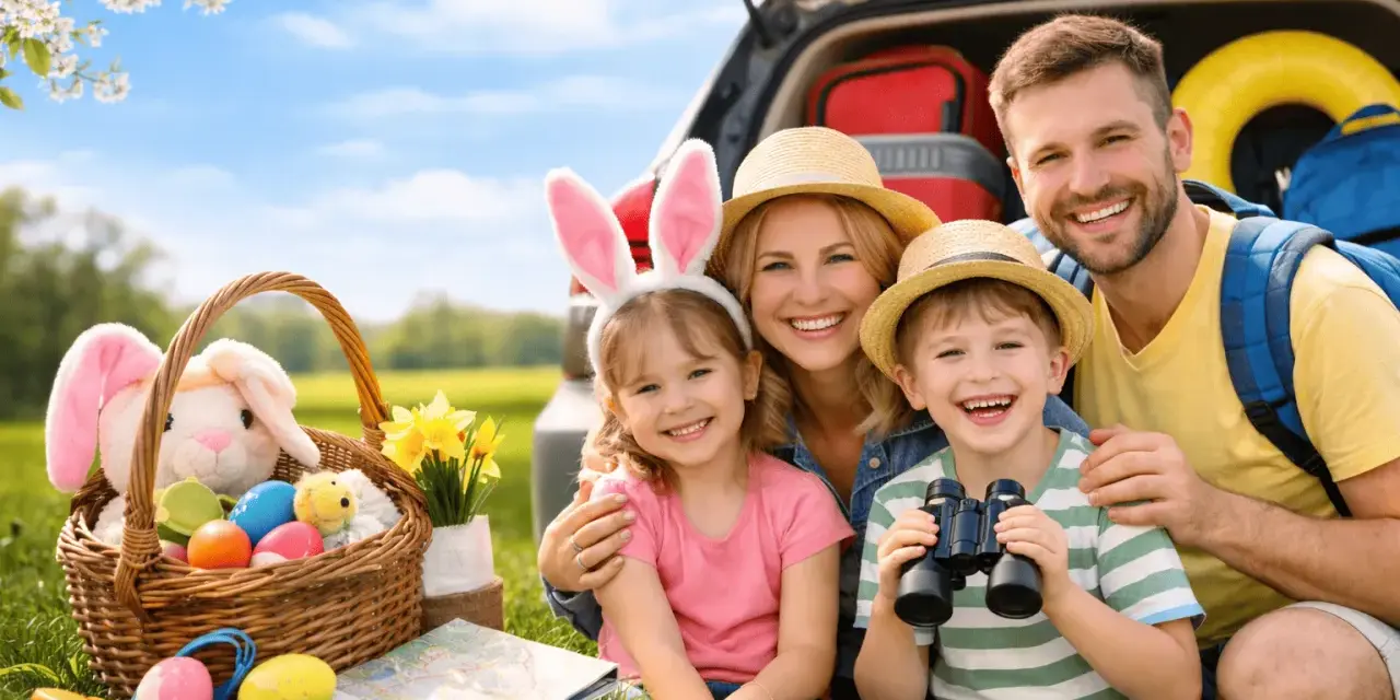 Glückliche Familie mit Osterkörbchen und bunten Eiern, bereit für die Ostereiersuche.