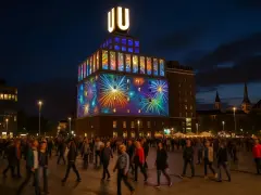 Feuerwerk-Projektion auf einem Gebäude während der Nacht der Museen Dortmund. Menschenmassen beleben den Platz.