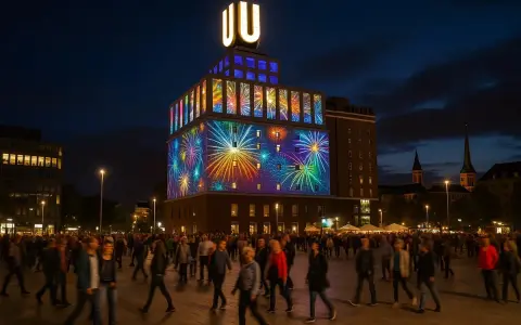 Feuerwerk-Projektion auf einem Gebäude während der Nacht der Museen Dortmund. Menschenmassen beleben den Platz.