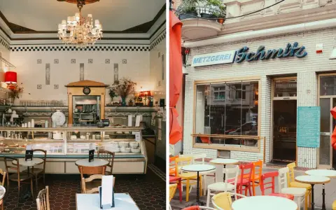 Gemütliche Cafés im Belgischen Viertel: Ein Blick in ein charmantes Interieur und die bunte Außenterrasse der Metzgerei Schmitz.