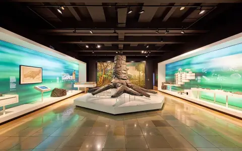 Im Museum steht ein riesiger Baumstamm, der an die Zeche erinnert. Links und rechts davon sind Ausstellungen mit Karten und Fossilien.