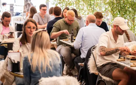 Leute genießen ein entspanntes St. Louis Frühstück im Freien, umgeben von Grün.