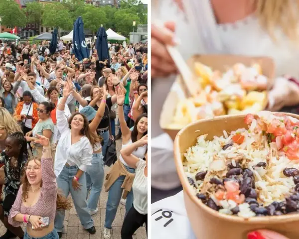 Feiernde Menschen genießen ein lateinamerikanisches Wochenende mit Musik und leckerem Essen. Reis mit schwarzen Bohnen und Salsa in einer Pappschale.