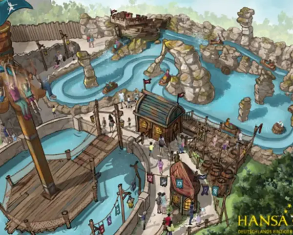 Piratenabenteuer im Freizeitpark Hansa-Park: Boote auf Wasserwegen, ein Schiff mit schwingenden Fahrgästen und felsige Landschaften.