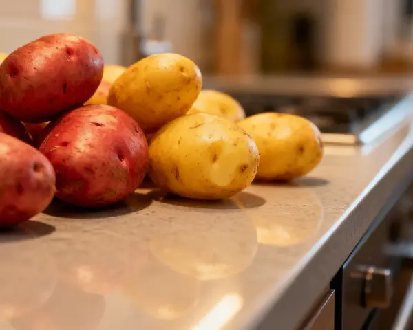 Ein Haufen roter und gelber Kartoffeln liegt auf einer Arbeitsplatte, bereit für ein köstliches Gericht in einem Kartoffel-Restaurant.
