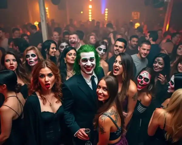 Joker-Kostümierter Mann feiert mit gruselig geschminkten Gästen auf einer ausgelassenen Halloween-Club-Party.