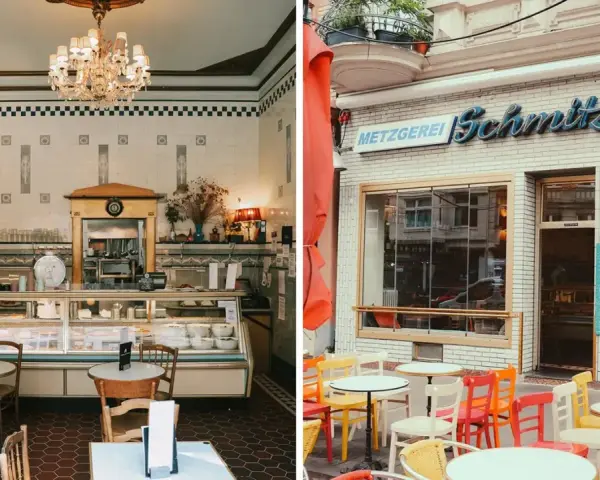 Gemütliche Cafés im Belgischen Viertel: Ein Blick in ein charmantes Interieur und die bunte Außenterrasse der Metzgerei Schmitz.