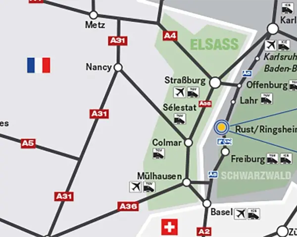 Karte zeigt die Anreise nach Rust/Ringsheim, mit Hinweisen zu Europa-Park und Rulantica.