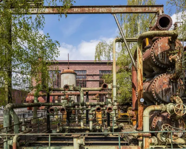 Verrostete Rohre und Apparate der Kokerei Hansa, ein Lost Place, umgeben von jungen Bäumen.