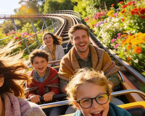 Familie lacht auf Achterbahnfahrt durch blühende Blumenpracht – ein Erlebnis im neuen Freizeitpark Deutschland.