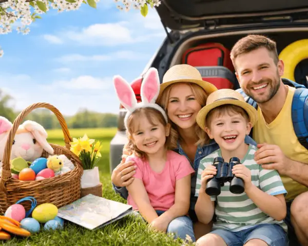 Glückliche Familie mit Osterkörbchen und bunten Eiern, bereit für die Ostereiersuche.