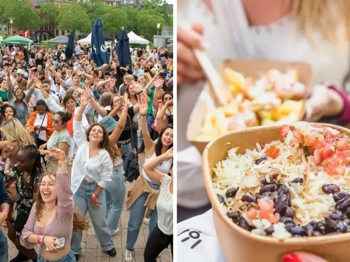 Feiernde Menschen genießen ein lateinamerikanisches Wochenende mit Musik und leckerem Essen. Reis mit schwarzen Bohnen und Salsa in einer Pappschale.