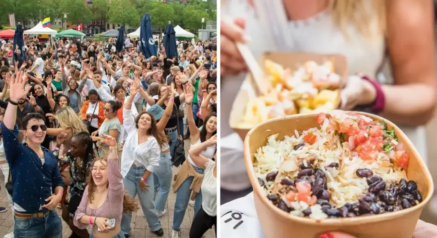 Feiernde Menschen genießen ein lateinamerikanisches Wochenende mit Musik und leckerem Essen. Reis mit schwarzen Bohnen und Salsa in einer Pappschale.