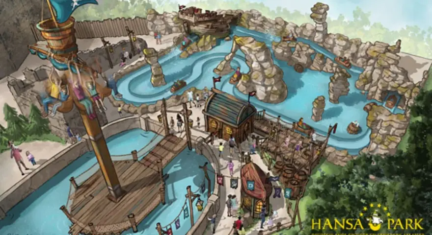 Piratenabenteuer im Freizeitpark Hansa-Park: Boote auf Wasserwegen, ein Schiff mit schwingenden Fahrgästen und felsige Landschaften.