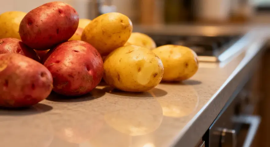 Ein Haufen roter und gelber Kartoffeln liegt auf einer Arbeitsplatte, bereit für ein köstliches Gericht in einem Kartoffel-Restaurant.