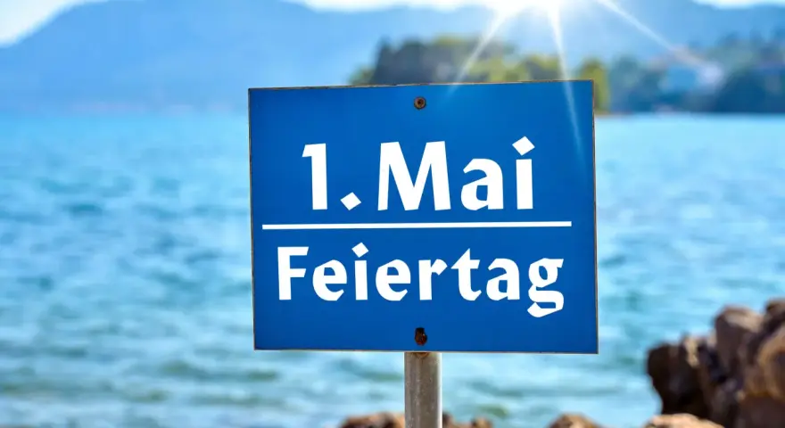 Schild am Strand: "1. Mai Feiertag". Die Sonne scheint über dem Meer, ideal für Veranstaltungen am 1. Mai.