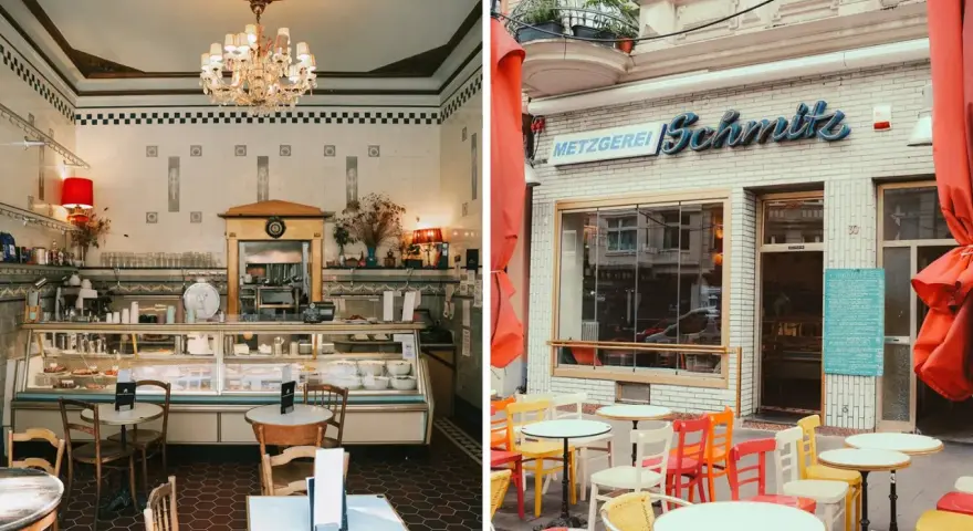 Gemütliche Cafés im Belgischen Viertel: Ein Blick in ein charmantes Interieur und die bunte Außenterrasse der Metzgerei Schmitz.