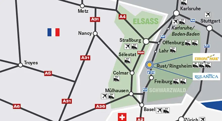 Karte zeigt die Anreise nach Rust/Ringsheim, mit Hinweisen zu Europa-Park und Rulantica.