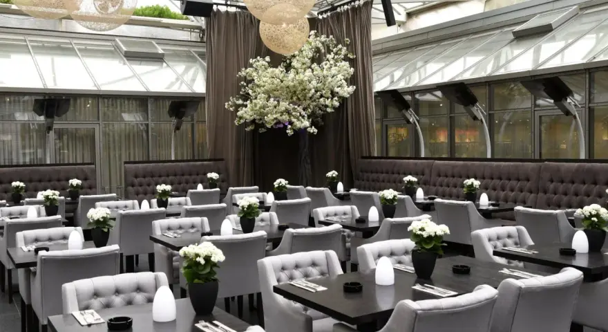 Elegantes Restaurant mit grauen Sitzmöbeln und dunklen Tischen, dekoriert mit weißen Blumen. Ein großer Kirschblütenbaum im Zentrum, beleuchtet von kugelförmigen Lampen. Perfekt für ein Rendezvous, wie ein Oscar-Moment im Apropos.