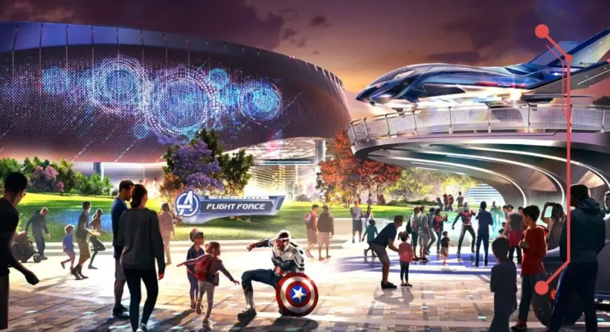Disneyland Paris Marvel: Besucher bestaunen die Avengers Flight Force Arena mit Captain America und einem futuristischen Jet.