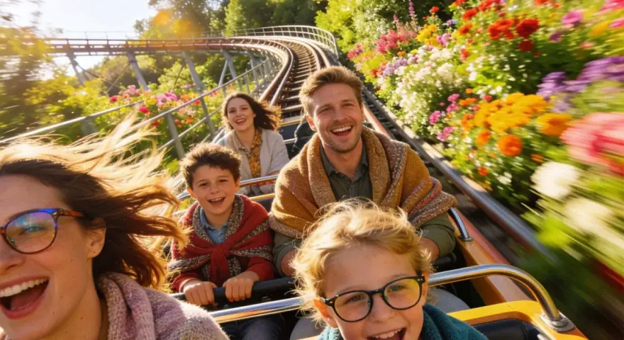 Familie lacht auf Achterbahnfahrt durch blühende Blumenpracht – ein Erlebnis im neuen Freizeitpark Deutschland.