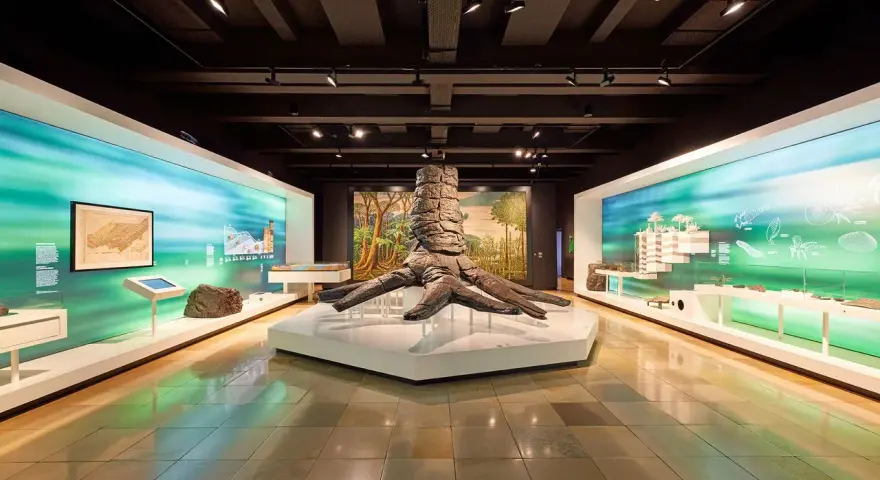 Im Museum steht ein riesiger Baumstamm, der an die Zeche erinnert. Links und rechts davon sind Ausstellungen mit Karten und Fossilien.