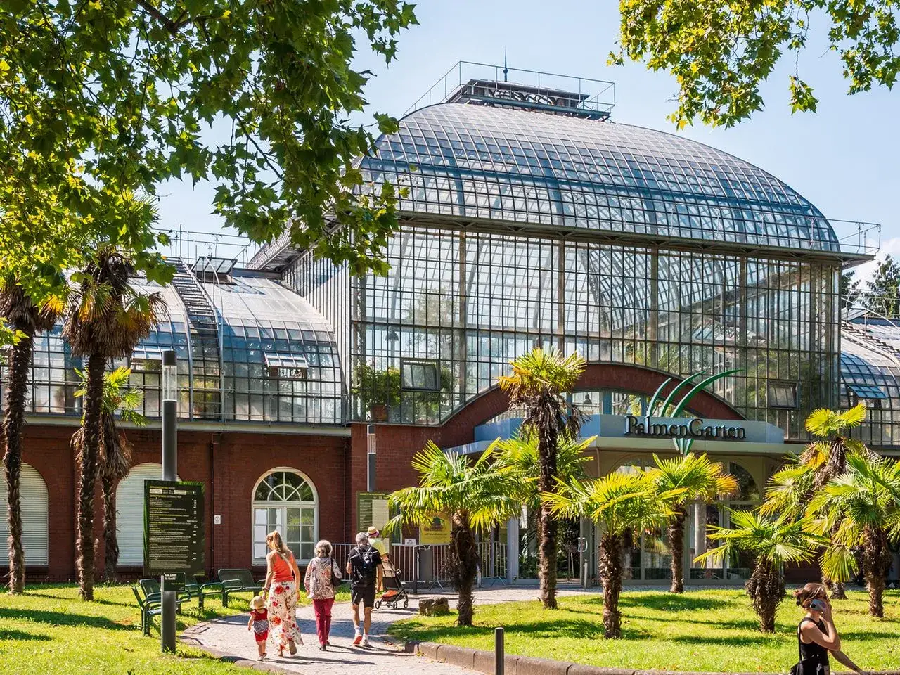 Familie spaziert im PalmenGarten, eine tolle Idee, was man in Frankfurt machen kann. Palmen und Gew&auml;chshaus im Sommer.