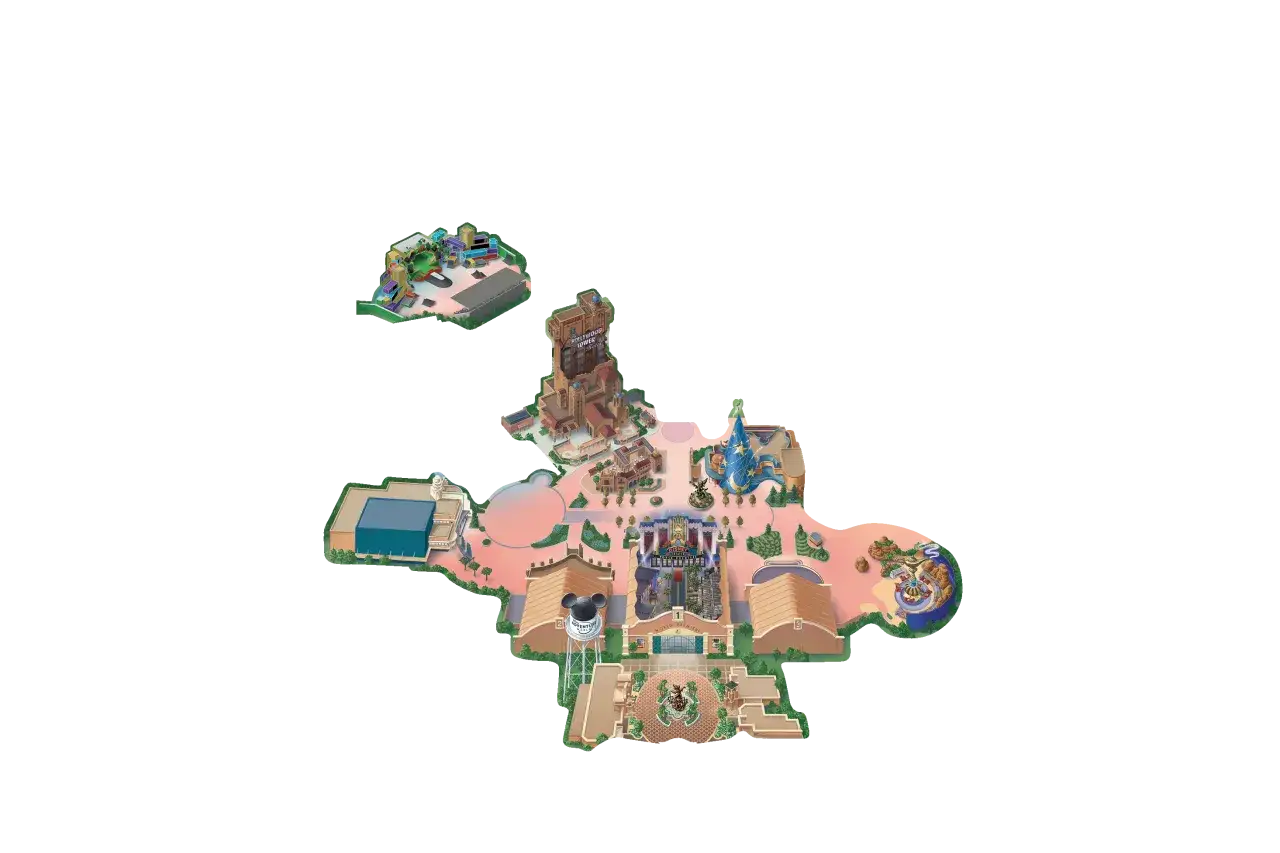&Uuml;bersichtskarte von Walt Disney Studios Park: Hier siehst du, was man im Disneyland Paris machen kann, mit dem Hollywood Tower Hotel und dem Aladdin-Themenbereich.