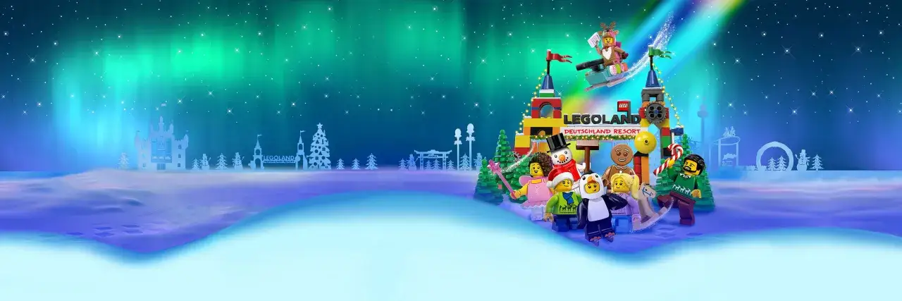 Ein magischer Winterwonder Legoland mit Nordlichtern, Schneem&auml;nnern und fr&ouml;hlichen Lego-Figuren.