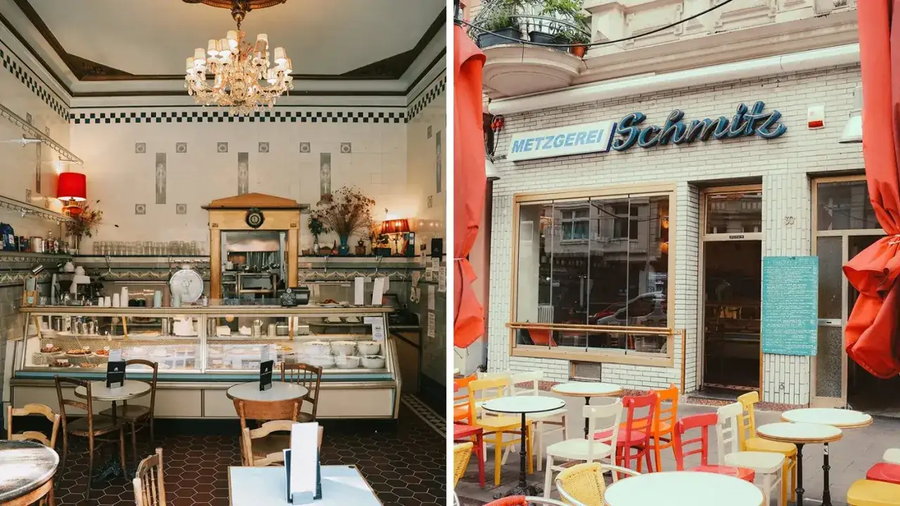 Zwei charmante Caf&eacute;s im Belgischen Viertel: Einmal mit Kronleuchter und Vitrine, daneben die Fassade der Metzgerei Schmitz mit bunten St&uuml;hlen.