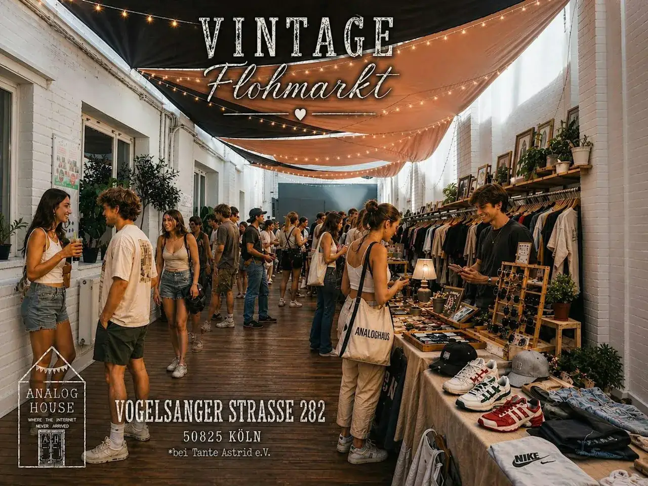 Menschen bummeln durch einen belebten Vintage-Flohmarkt mit Kleidung und Accessoires. Lichterketten h&auml;ngen &uuml;ber dem bunten Treiben, das an einen lebhaften bazar de nuit erinnert.