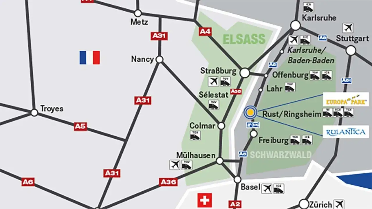 Karte zeigt die Region Elsass und Schwarzwald mit St&auml;dten wie Stra&szlig;burg, Freiburg und Rust. Hinweise auf Europa-Park und Rulantica parken.