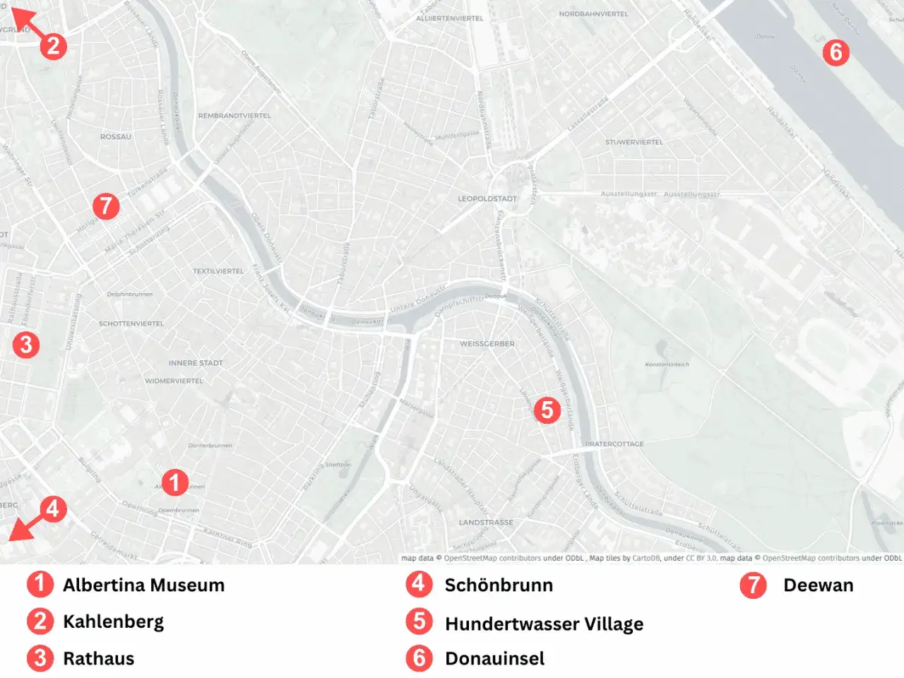 Was muss man in Wien gesehen haben? Karte mit 7 Highlights: Albertina Museum, Kahlenberg, Rathaus, Schönbrunn, Hundertwasser Village, Donauinsel, Deewan.